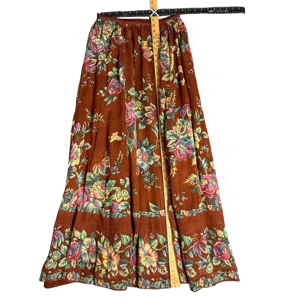 April Cornell Maxi Skirt S Scarborough Georgette Brown Floral Border Cottagecore - Picture 9 of 9